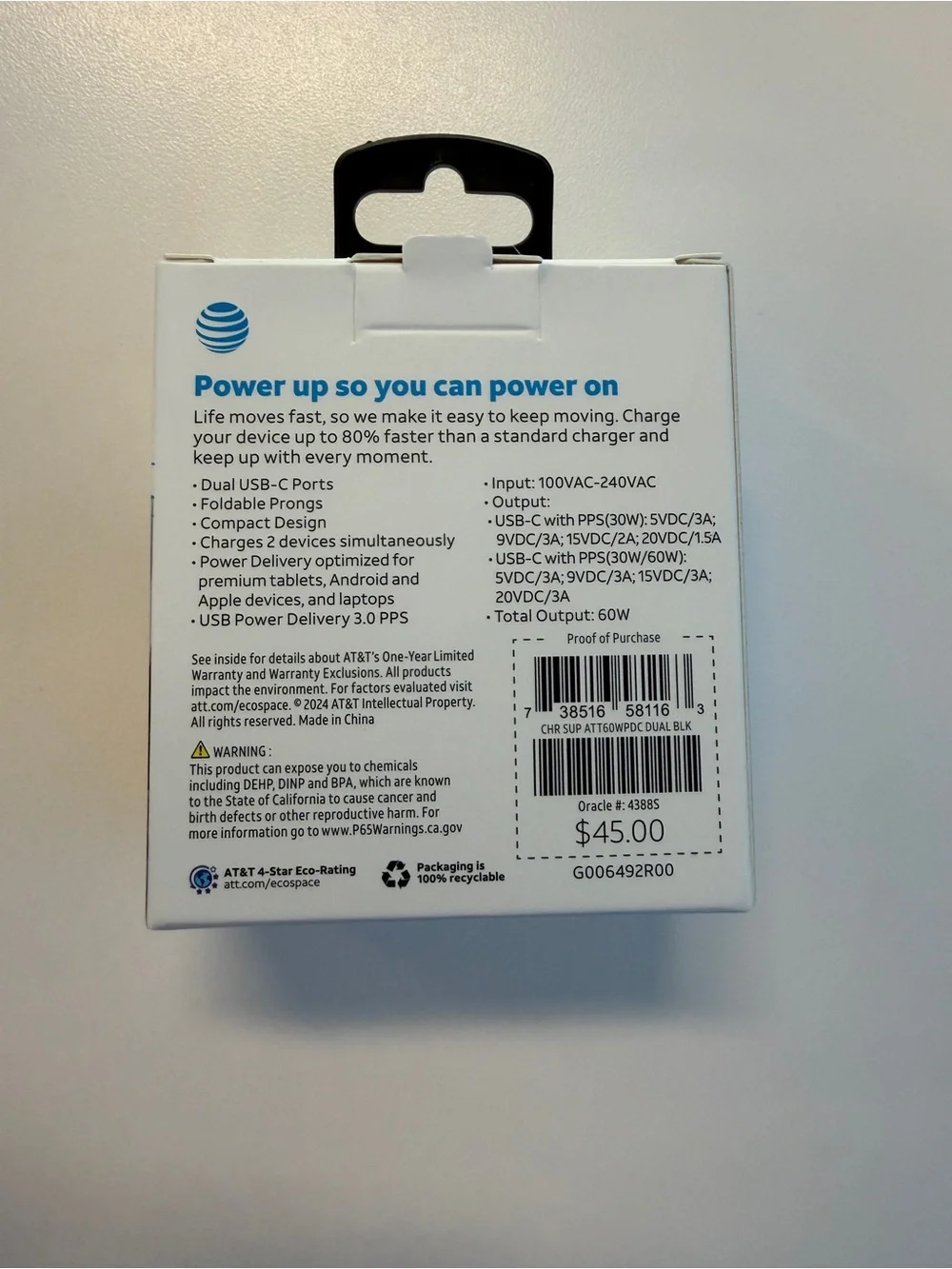 AT&T 60W Dual USB-C Fast Charge Wall Charger - NEW IN BOX